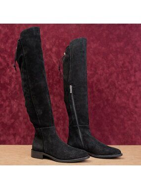 Aquatalia Women Norina Comfort Black Suede Zip Cozy Drawcord Fashion Boots 6.5